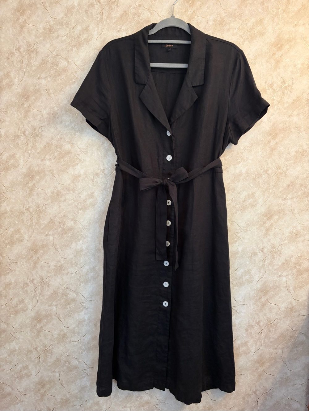 Quince 100% European Linen Button Front A-Line Black Midi Dress - Size Large